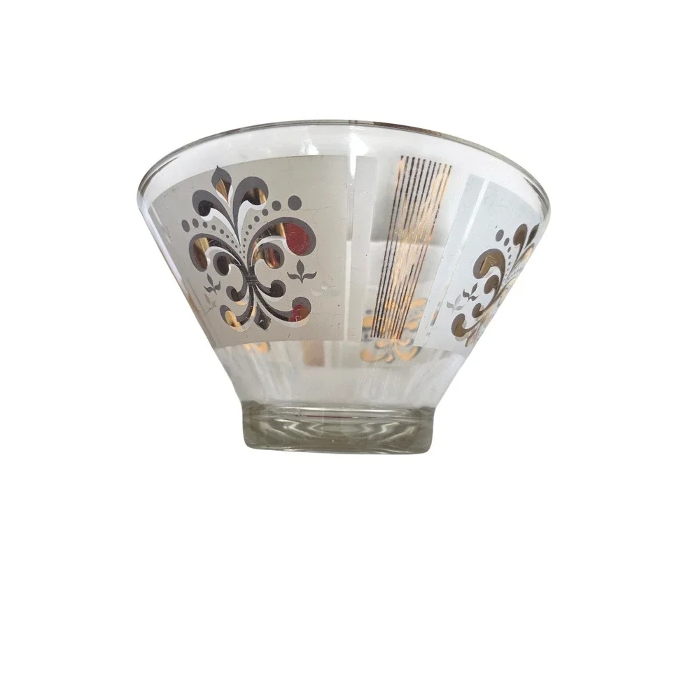Vintage MCM Glass Bowl Gold Silver Fleur De Lis‎ Striped Mid Century Modern 11